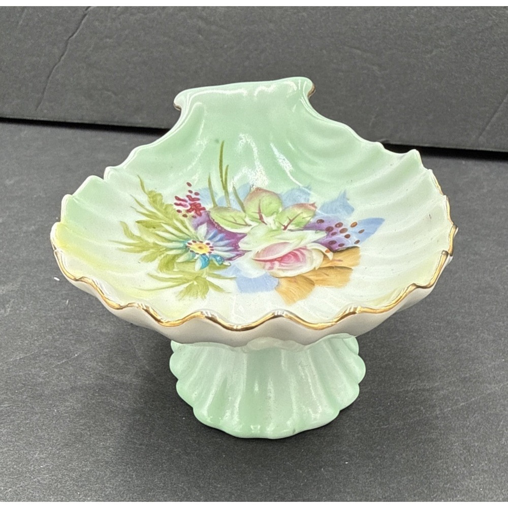 Vtg Lefton Shell Dish Hand Painted Floral 5066 Trinkets Rings Soap Pedestal Blue